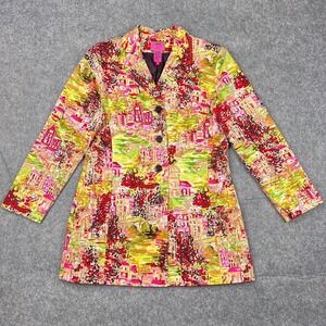 VTG Dandy Blazer Womens 8P Abstract City Scene Art Randi M Cotton Jacket Buttons